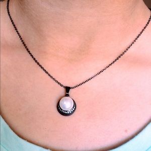 Love pearls , Black Gun Plated Necklace ,